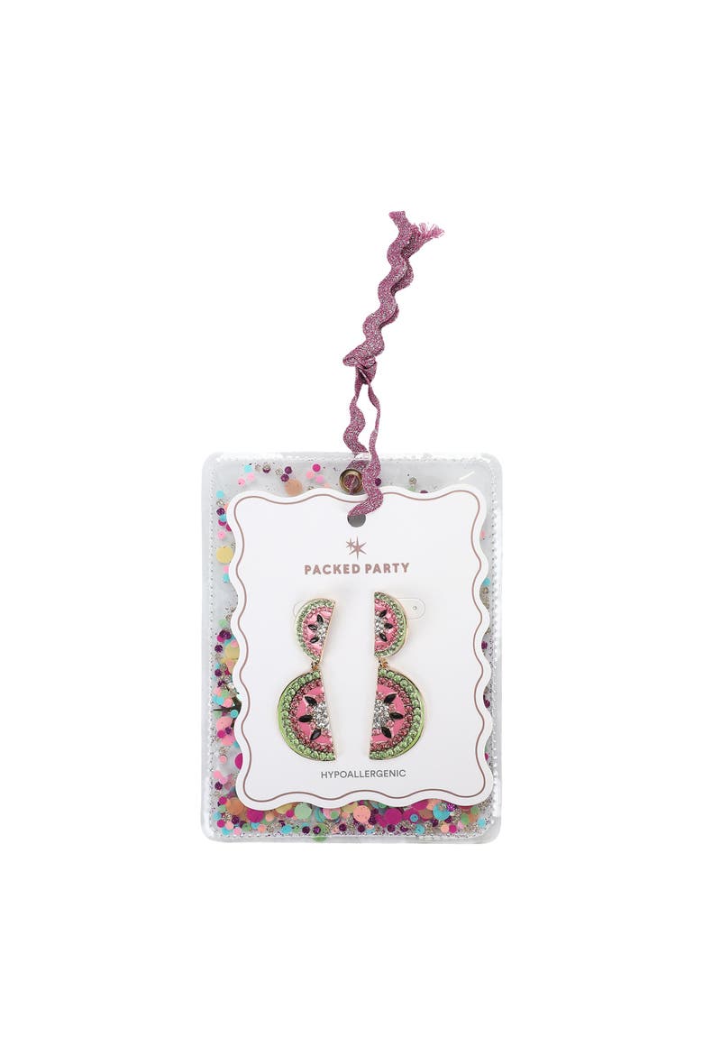 Watermelon Rhinestone Drop Earrings - Hypoallergenic Gold-Tone Frame with Stone Detail, Summer Statement Earrings, 1.76 Inch, Alternate, color, Pink