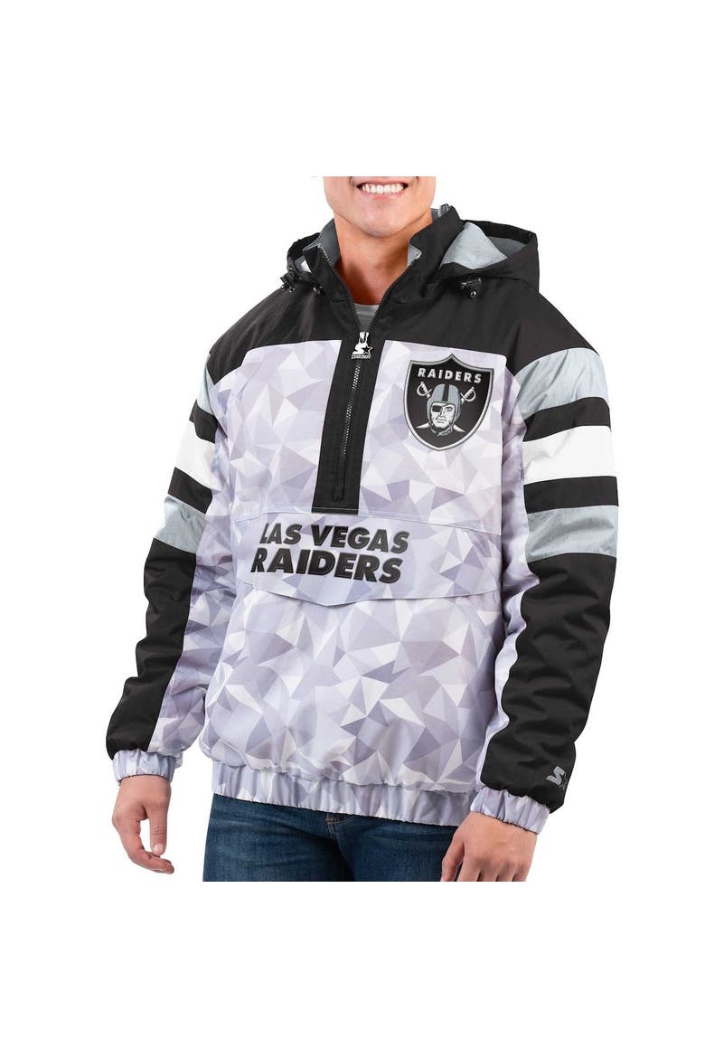 Men's Starter White/Black Las Vegas Raiders Thursday Night Gridiron Raglan Half-Zip Hooded Jacket, Main, color, White