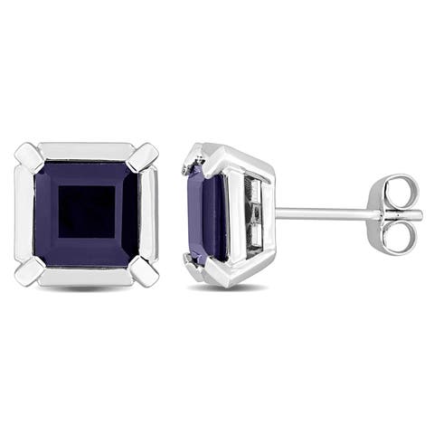 Blue Sapphire Square Stud Earrings 14K