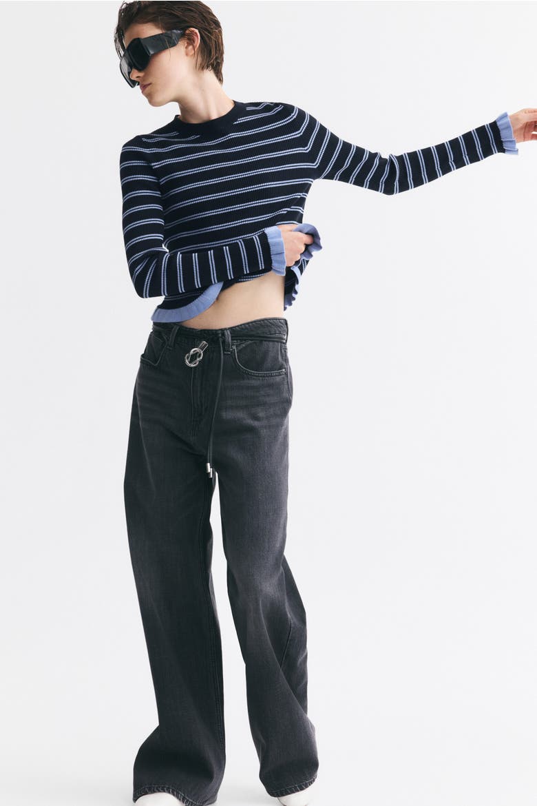 Ruffle-Trimmed Rib-Knit Top, Alternate, color, Navy blue/striped