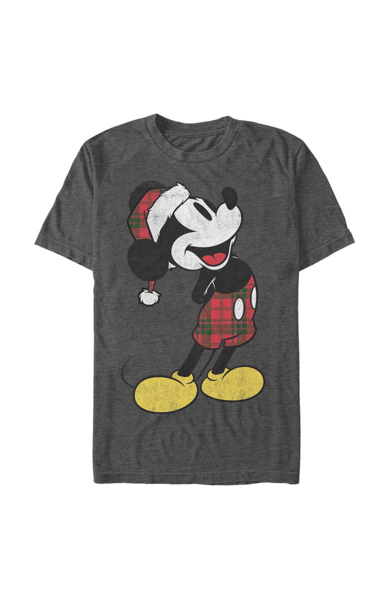 Mickey & Friends Men's Mickey & Friends Christmas Plaid Distressed Portrait  Graphic T-Shirt, Main, color, Charcoal Heather