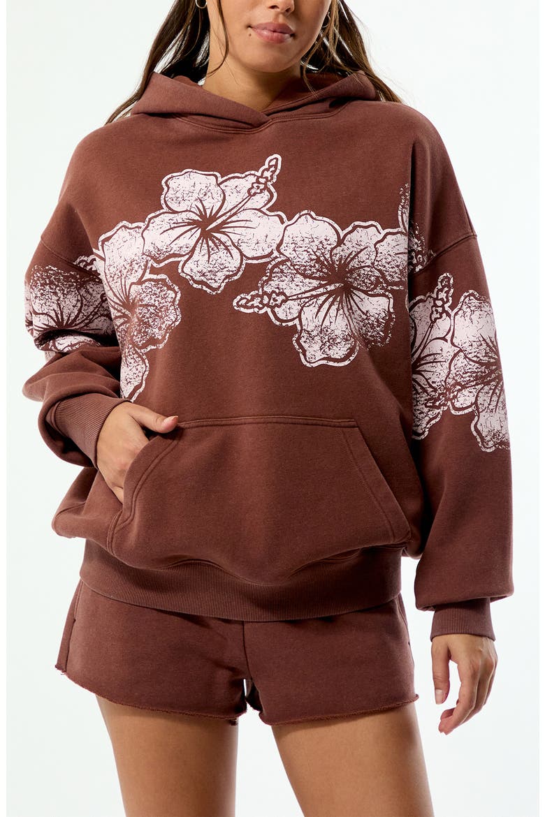 Hibiscus Print Cotton Blend Hoodie, Main, color, BROWN
