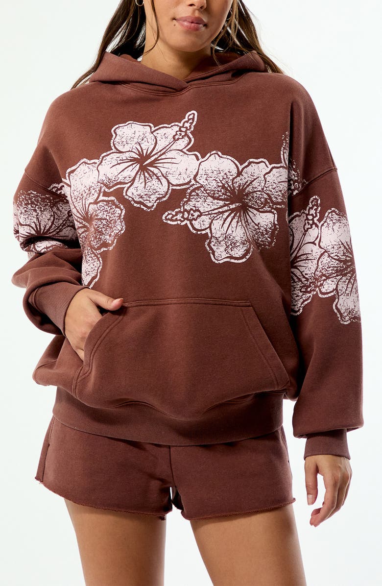 PacSun Hibiscus Print Cotton Blend Hoodie, Main, color, Brown