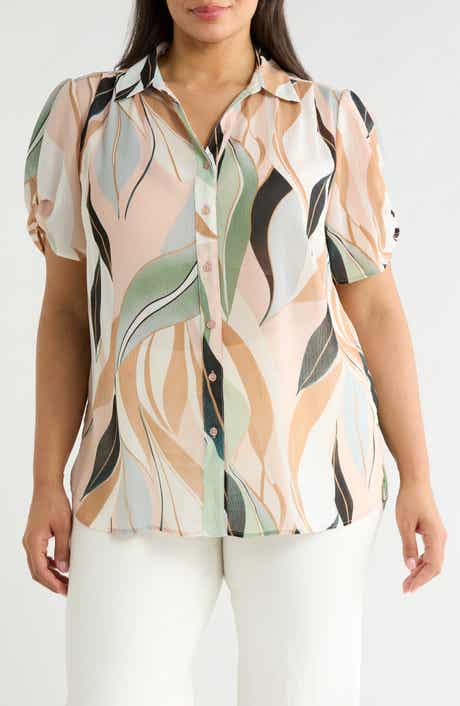 Adrianna Papell Scrunched Short Sleeve Button-Up Shirt