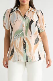 Adrianna Papell Scrunched Short Sleeve Button-Up Shirt
