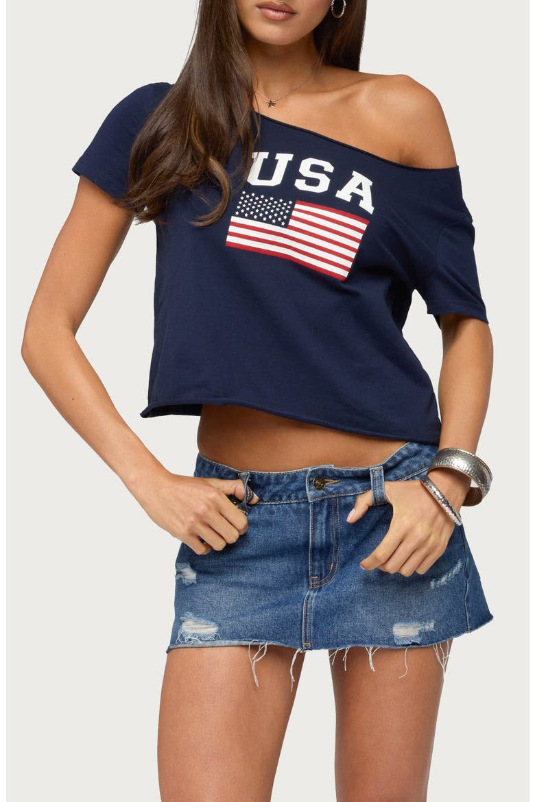 USA Off the Shoulder Graphic Tee, Main, color, NAVY