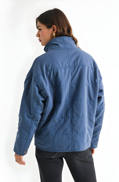 Modenaire Quilted Zip-up Jacket With Stand Collar And Square Stitch In Blue