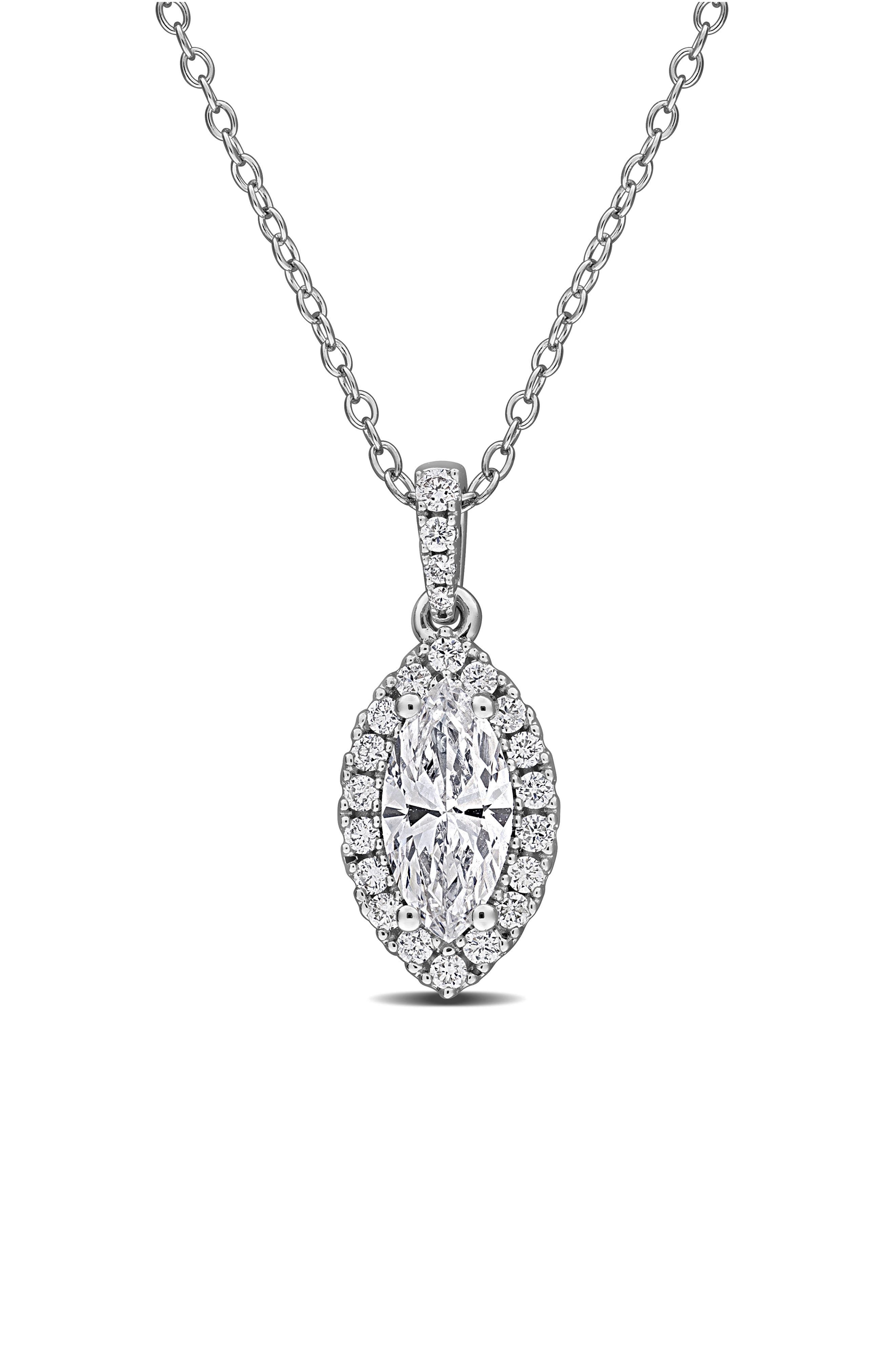 Created Forever Sterling Silver Marquise Lab Grown Diamond Halo Pendant Necklace