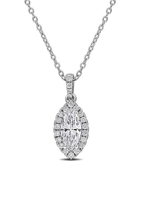 Sterling Silver Marquise Lab Grown Diamond Halo Pendant Necklace