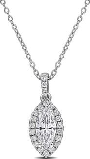 Created Forever Sterling Silver Marquise Lab Grown Diamond Halo Pendant Necklace