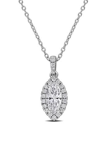 Created Forever Sterling Silver Marquise Lab Grown Diamond Halo Pendant Necklace In White