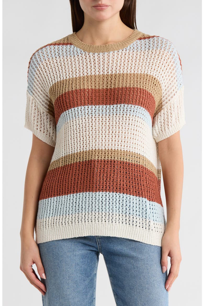 Multicolor Stripe Short Sleeve Sweater, Main, color, BEIGE