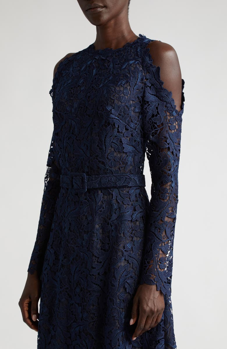 Oscar de la Renta Belted Cold Shoulder Guipure Lace Dress, Alternate, color,