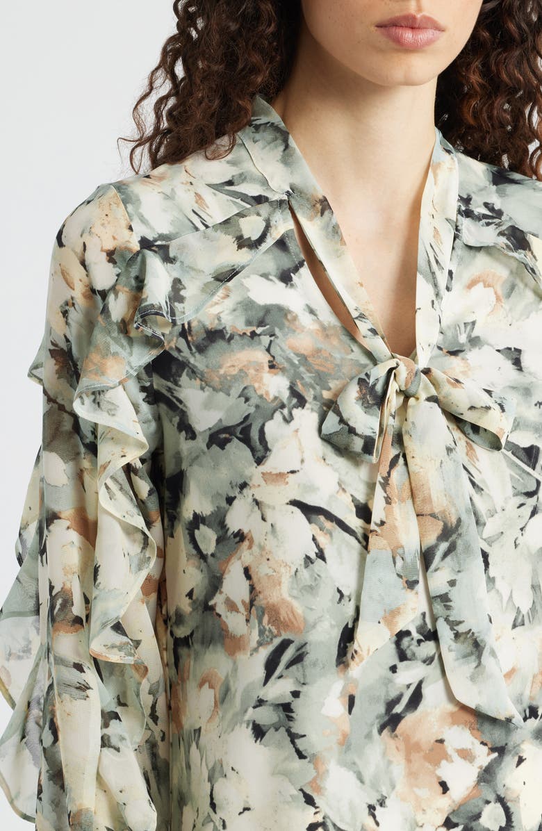 Anne Klein Printed Ruffle Tie Neck Top, Alternate, color, Soft Aloe Multi