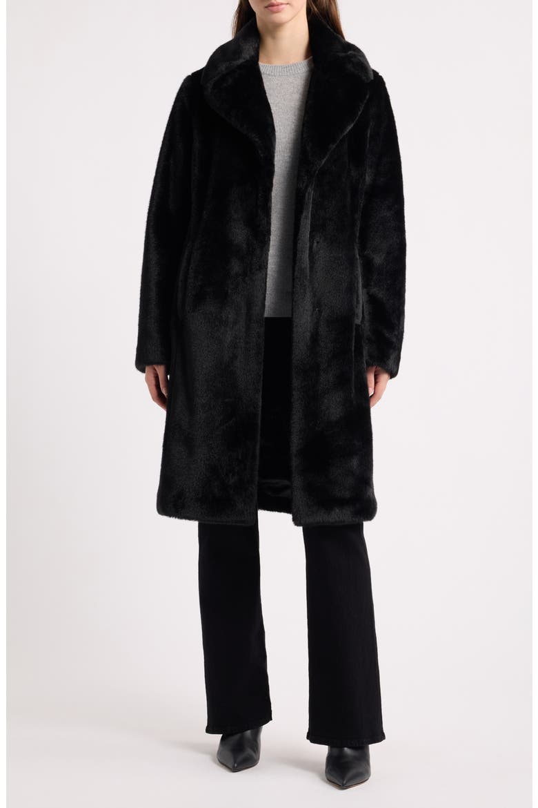 Reefer Faux Fur Longline Coat, Main, color, BLACK