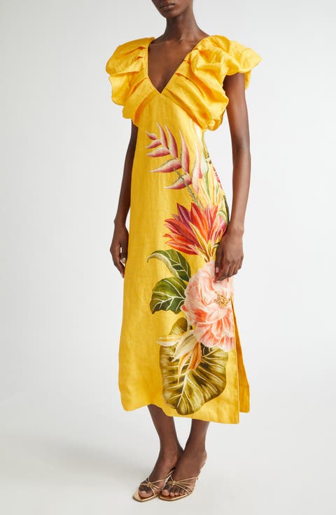 Spring Awakening Placed Floral Linen Dress