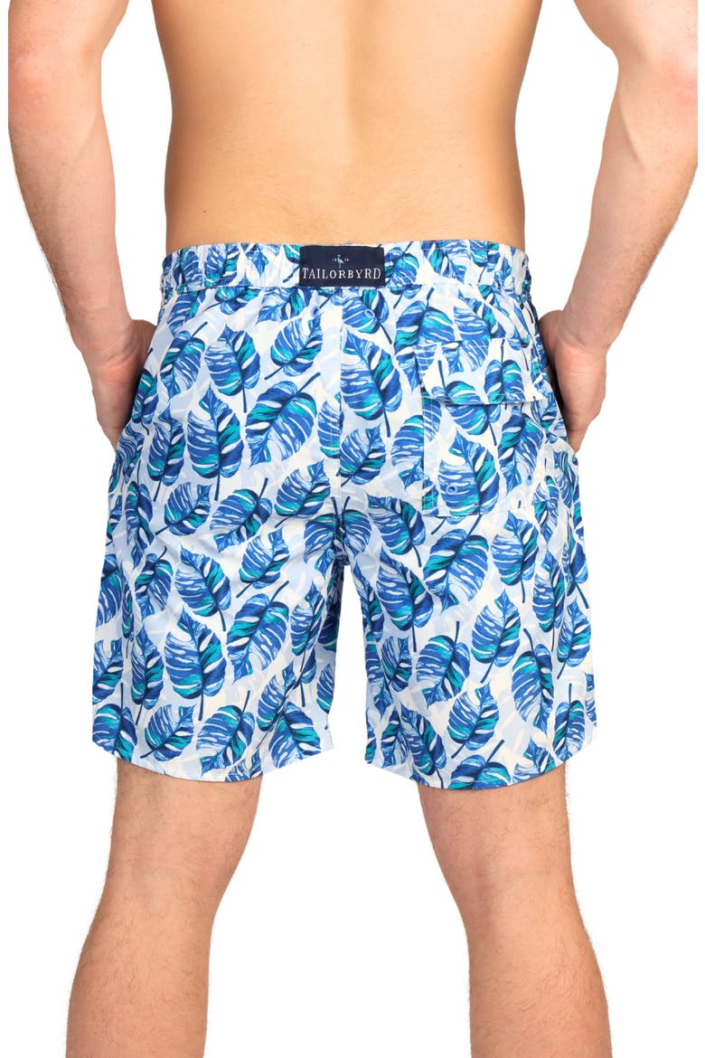 Tropical Leaves Print Swim Trunks, Alternate, color, GREEN