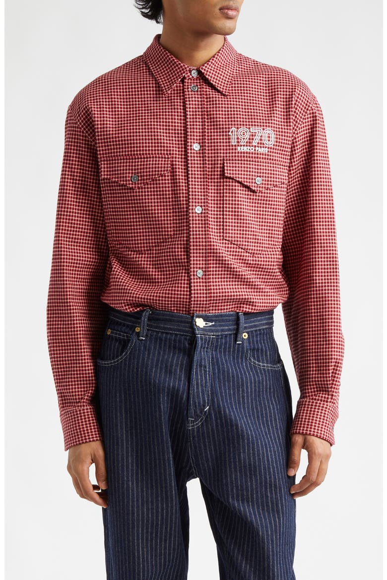 1970 Archive Military Check Button-Up Shirt, Main, color, CHERRY