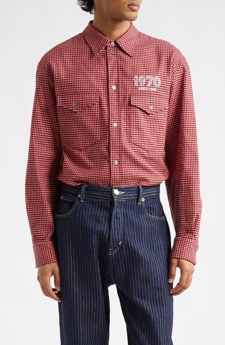 KENZO 1970 Archive Military Check Button-Up Shirt, Main, color, 