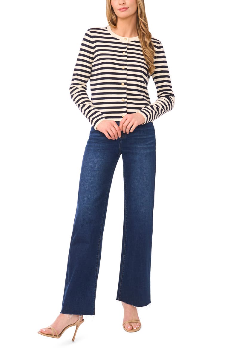 Stripe Crewneck Cardigan, Alternate, color, BARITONE BLUE