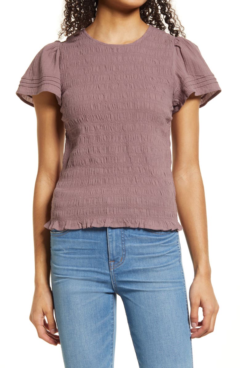 Madewell Lucie Flutter Sleeve Smocked Bodice Top, Main, color,