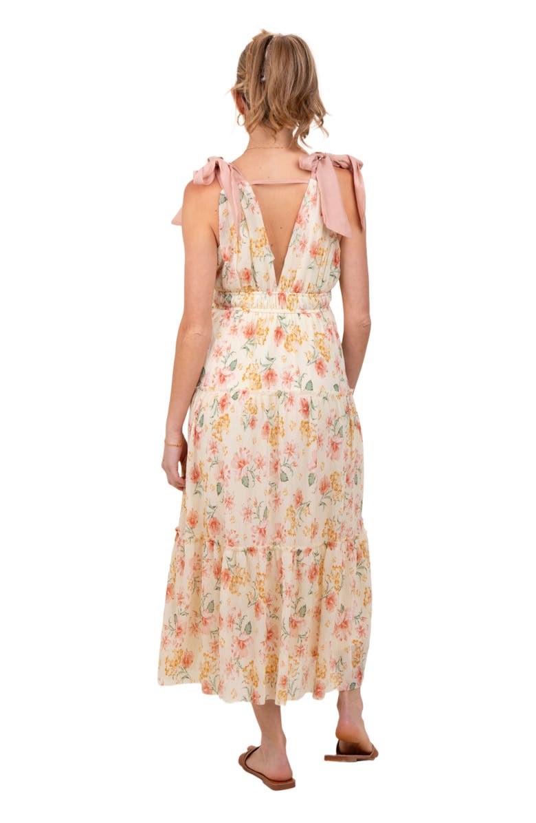 PinkBlush Floral Shoulder Tie Deep V-Neck Tiered Maxi Dress, Alternate, color, Cream