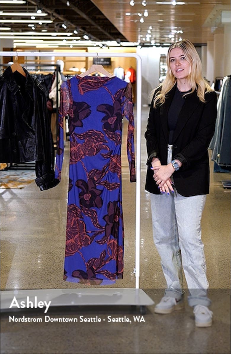 Katya Floral Print Ruched Mesh Midi Dress, sales video thumbnail