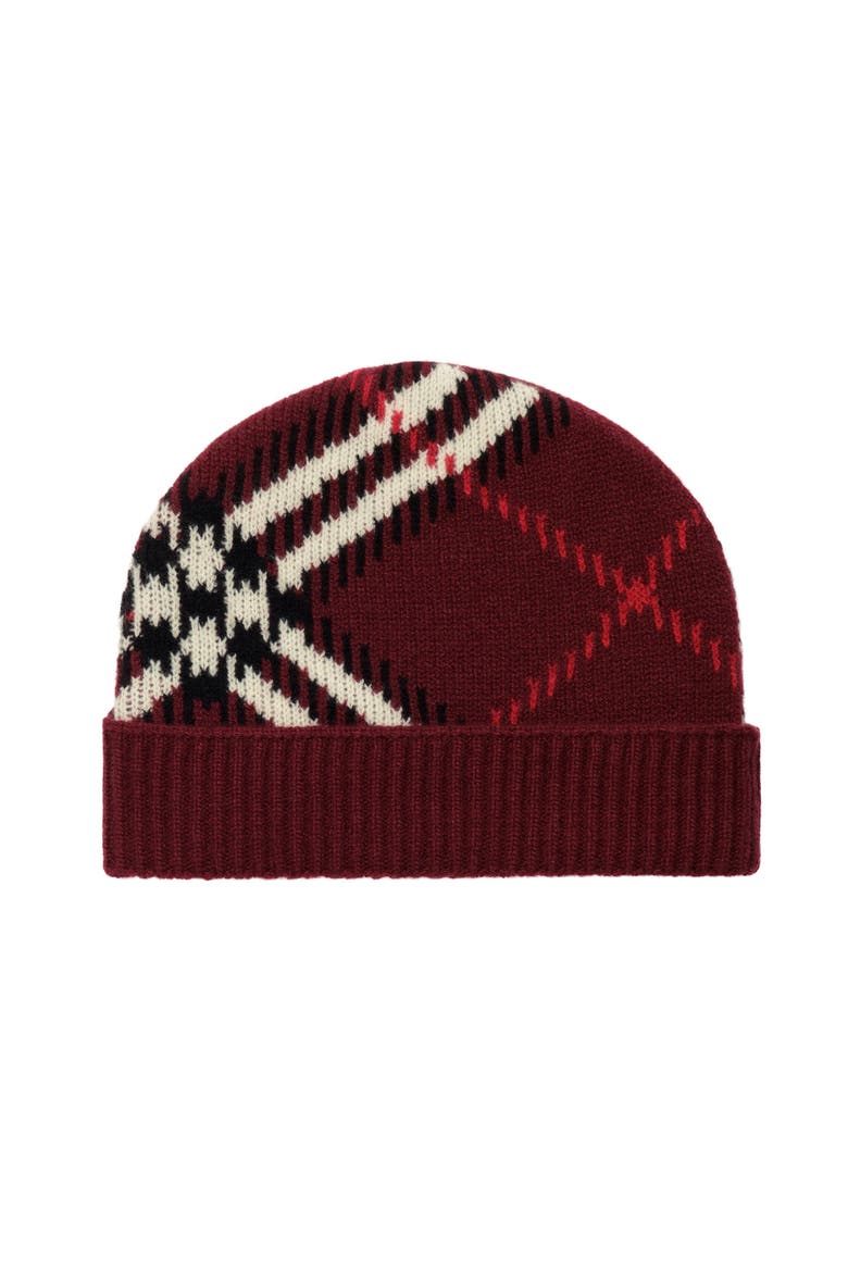 Check Cashmere Blend Beanie, Main, color, Oxblood red