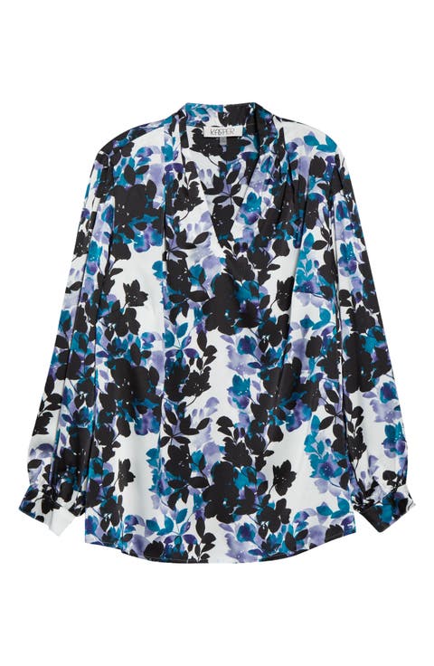 Floral Pleated Shoulder V-Neck Top