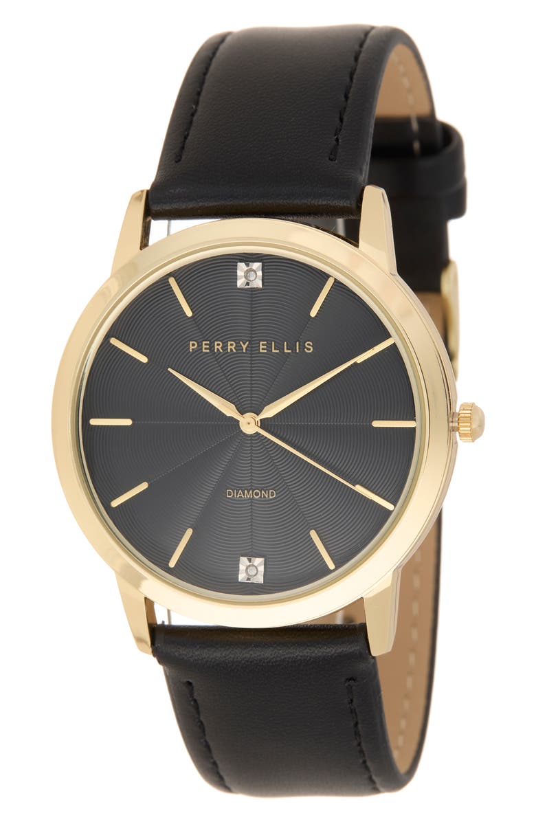 Perry Ellis Diamond Ultra Thin Faux Leather Strap Watch, 40mm, Main, color, Gold
