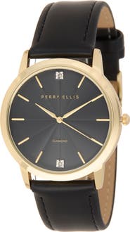 Perry Ellis Diamond Ultra Thin Faux Leather Strap Watch, 40mm