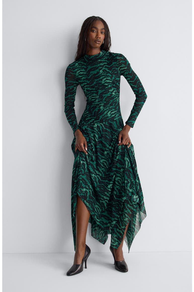 Margot Mesh Midi Dress, Alternate, color, PALACE TIGER MINI NOTTE GREEN
