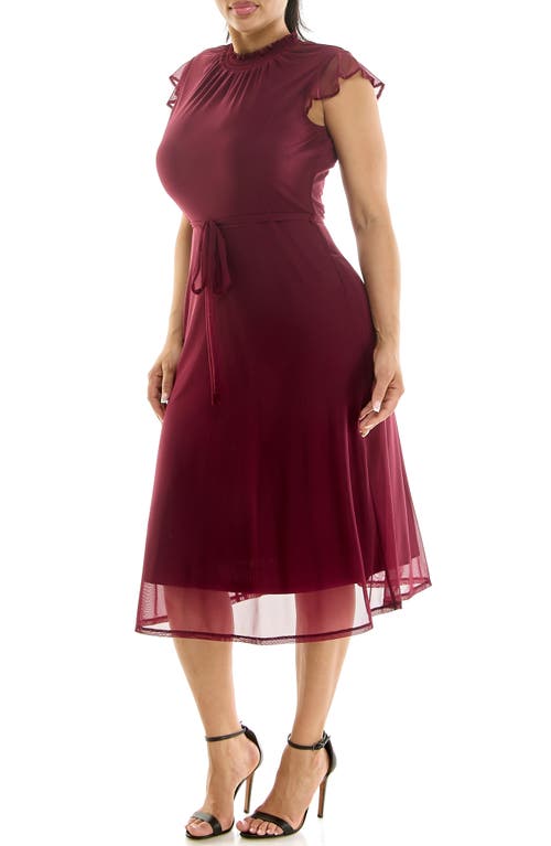 Nina Leonard Smocked Flutter Sleeve Mesh Dress In Burgundy
