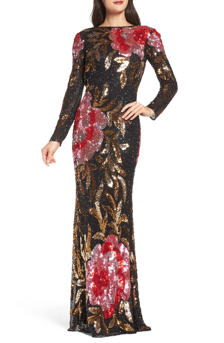Mac Duggal Long Sleeve Sequin Column Gown, Main, color,