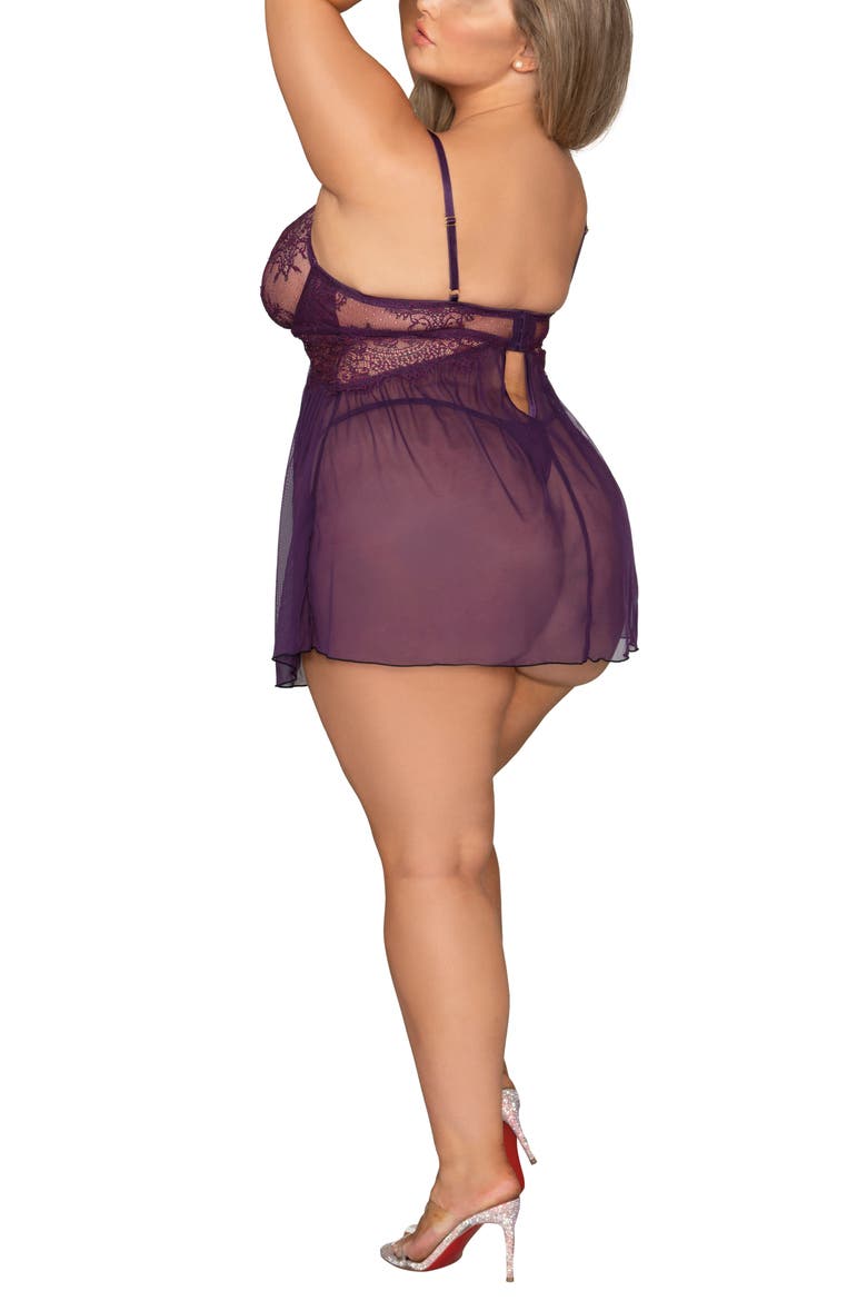 Eyelash Lace Underwire Babydoll Chemise & Thong Set, Alternate, color, PLUM