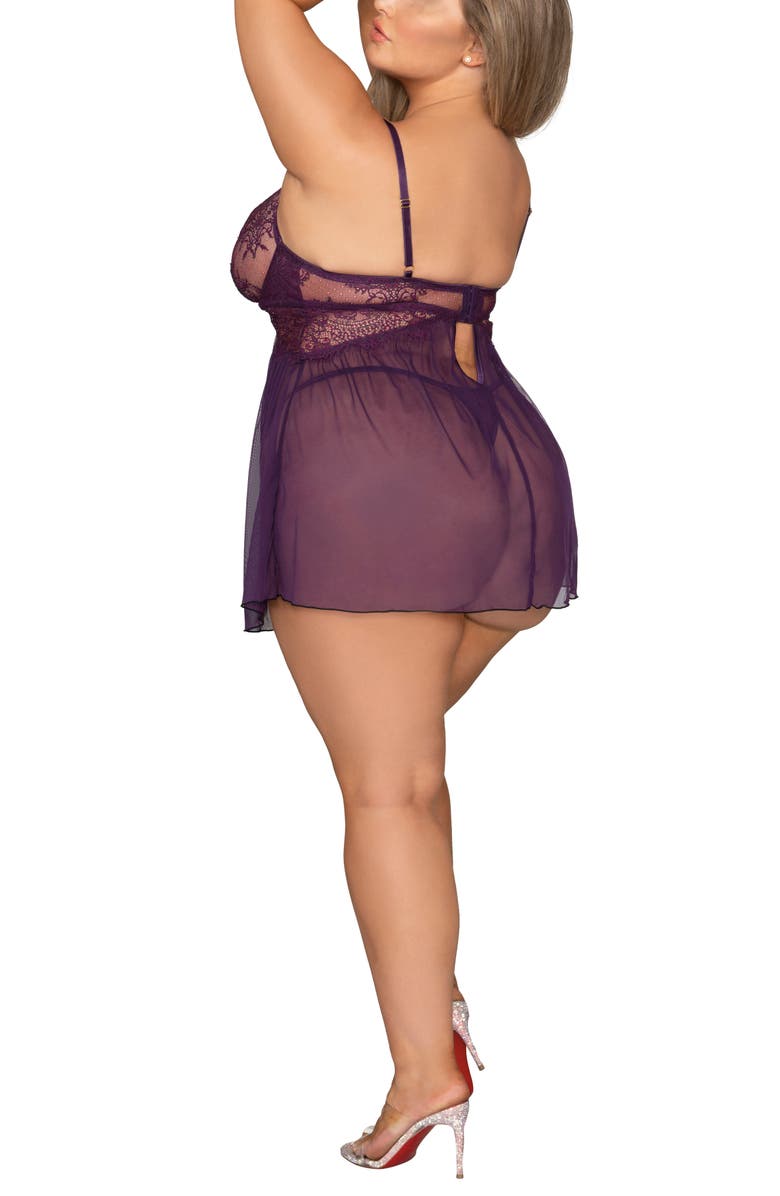 Dreamgirl Eyelash Lace Underwire Babydoll Chemise & Thong Set, Alternate, color, Plum