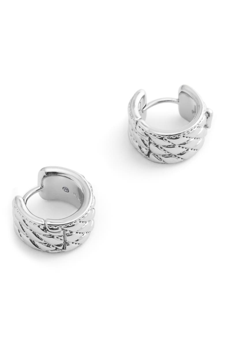 Quilted Huggie Earrings, Alternate, color, RHODIUM