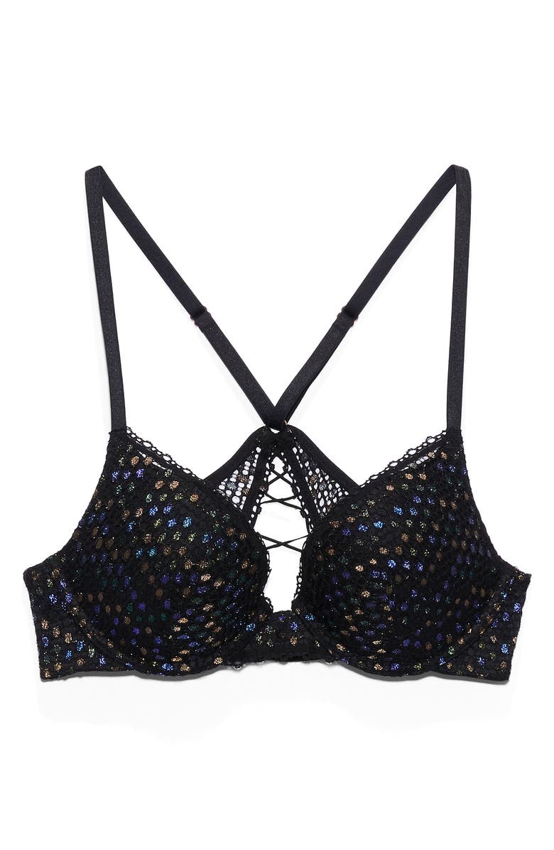 SAVAGE X FENTY Disco Lace-Up Push-Up Bra, Main, color, Disco Night Iridescent Lace