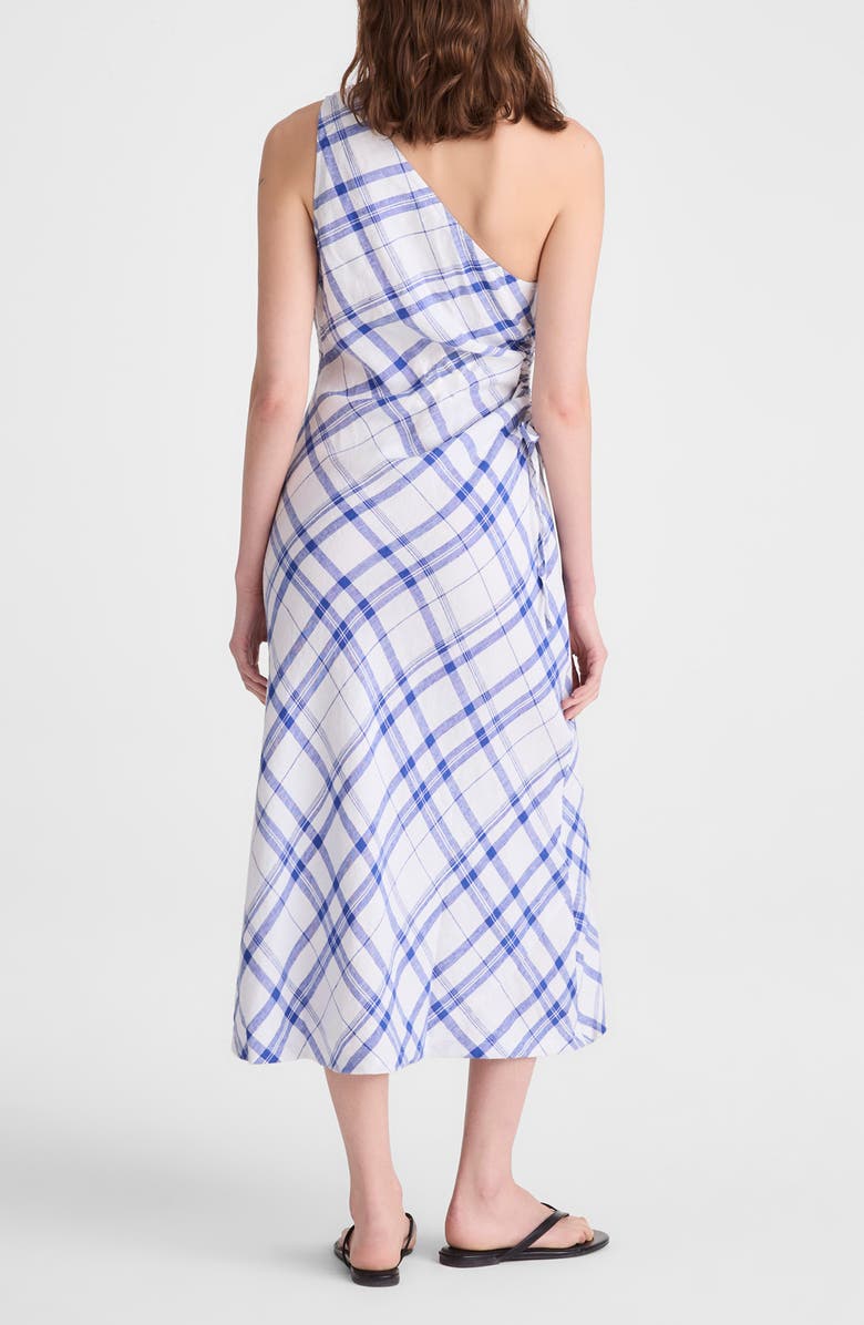 Madewell Ruched One-Shoulder Linen Midi Dress, Alternate, color, Oversized Blue White Plaid