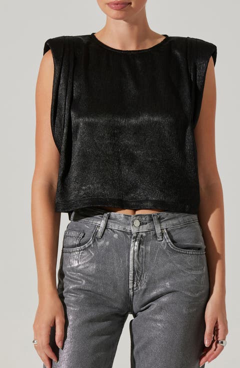 Isola Padded Shoulder Crinkled Satin Top