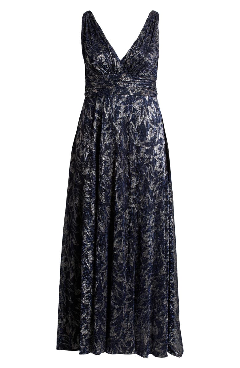 Betsy & Adam Metallic Floral A-Line Gown, Alternate, color, Navy/ Gunmetal