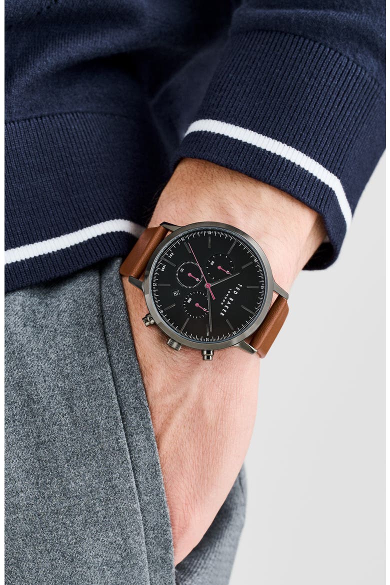 Haarvin Chronograph Leather Strap Watch, 44mm, Alternate, color, BROWN/ BLACK