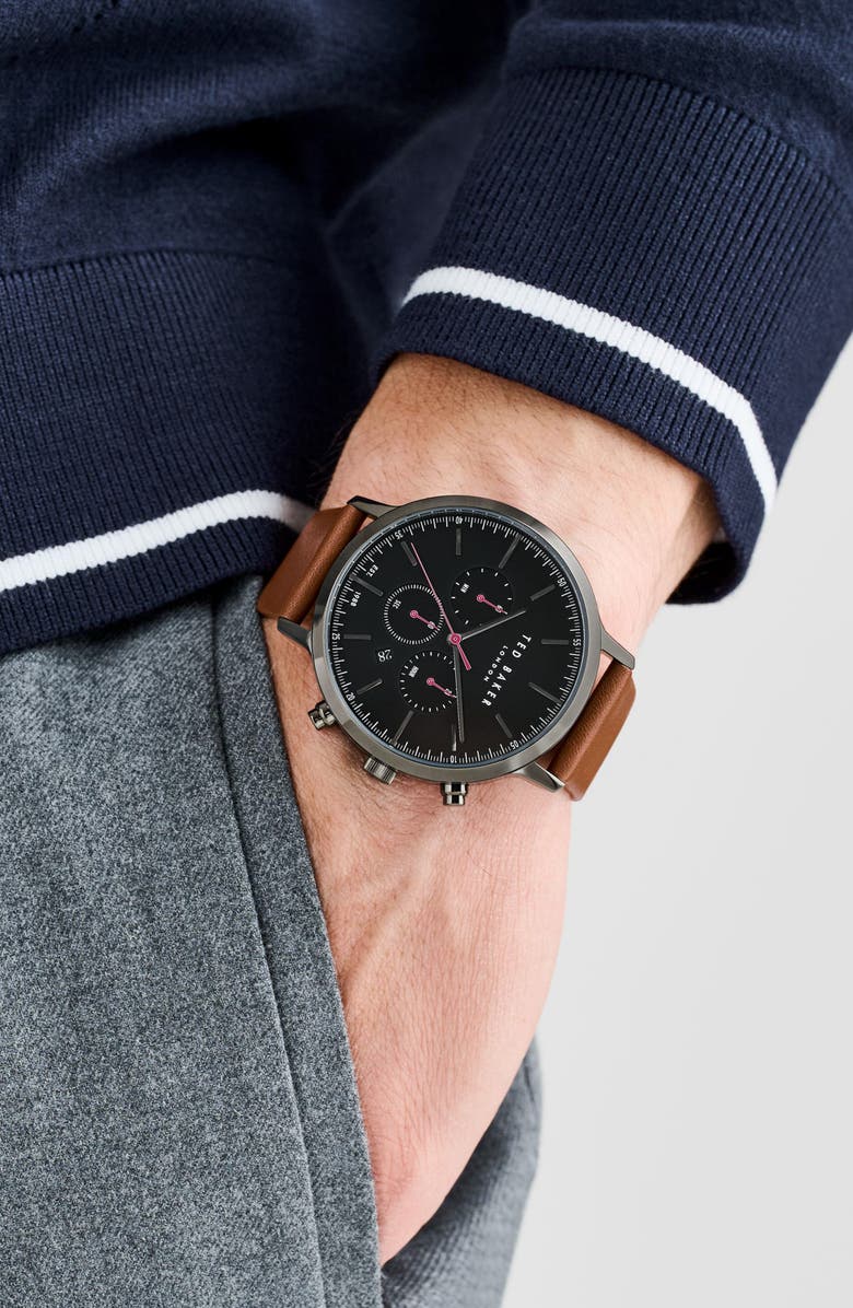 Ted Baker Haarvin Chronograph Leather Strap Watch, 44mm, Alternate, color, Brown/ Black