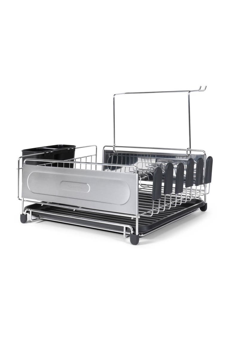 Compact 17.25" Fingerprint-Proof Stainless Steel Dish Drying Rack With Wine Glass Holder, Stainless Steel/Black, Alternate, color, Silver/Black