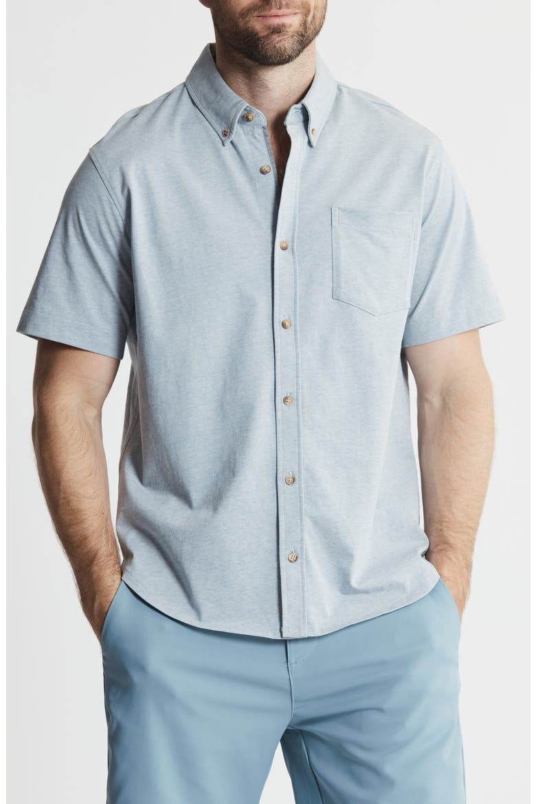 Short Sleeve Cotton Knit Button-Up Shirt, Main, color, BLUE