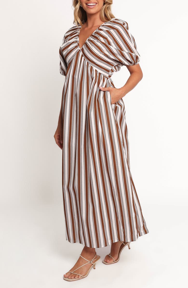 Petal & Pup Sullivan Stripe Puff Sleeve Cotton & Linen Maxi Dress, Alternate, color, Chocolate Stripe