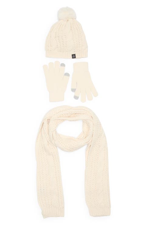 3-Piece Cable Stitch Scarf, Beanie & Gloves Set