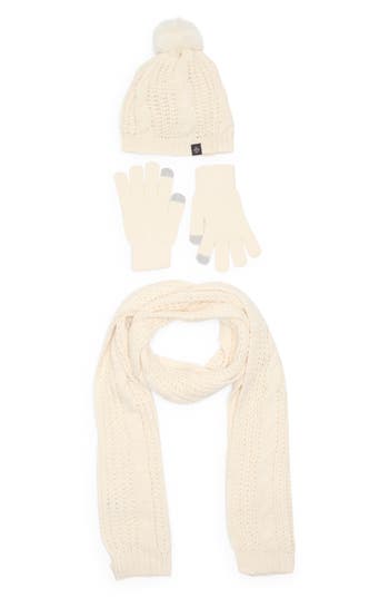 Nanette Lepore 3-piece Cable Stitch Scarf, Beanie & Gloves Set In Sand