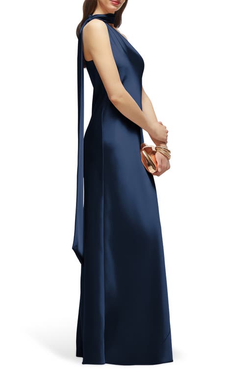 After Six Scarf Detail One-shoulder Satin Charmeuse Column Gown In Blue