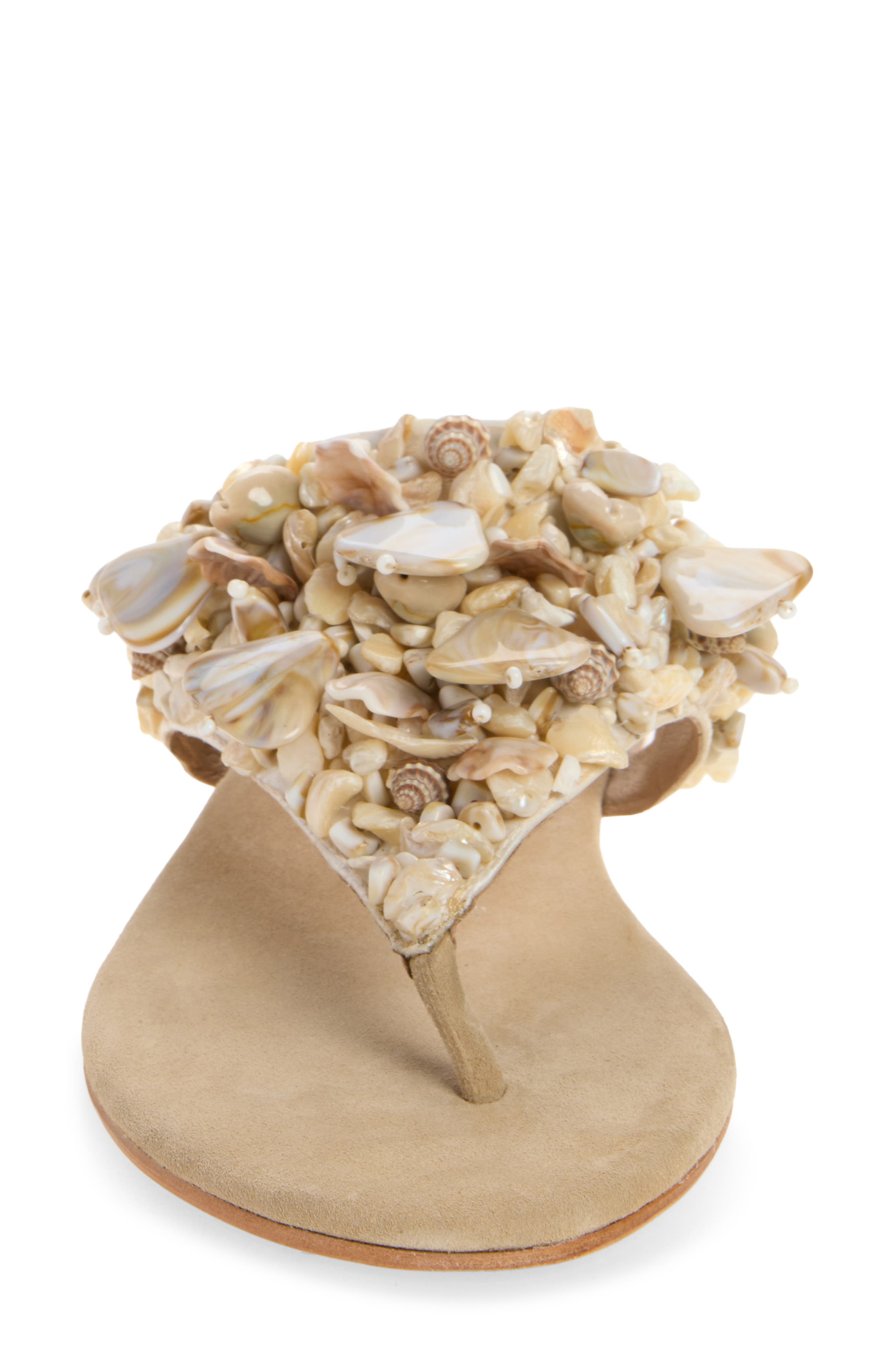 Jeffrey Campbell Tidal Wave Shell Embellished Thong Sandal, Alternate, color, Beige Suede Combo